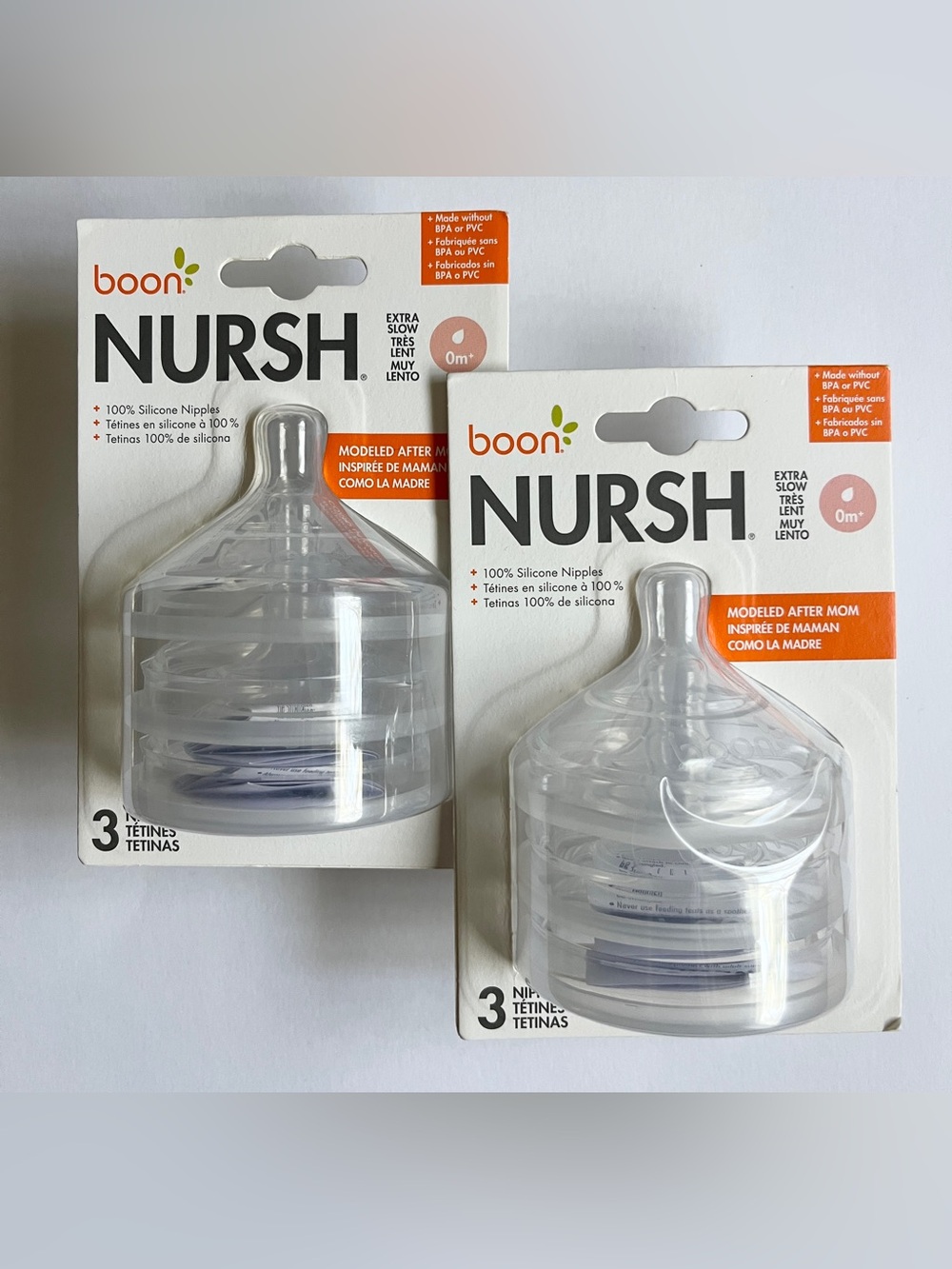 x2 Packs NEW Boon NURSH Silicone Baby Bottle Nipples 0m Xtra Slow 6 Total No BPA